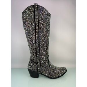 OnlyMaker Rhinestone Western Cowboy Boots Black Crystal Knee High Festival Sz 10